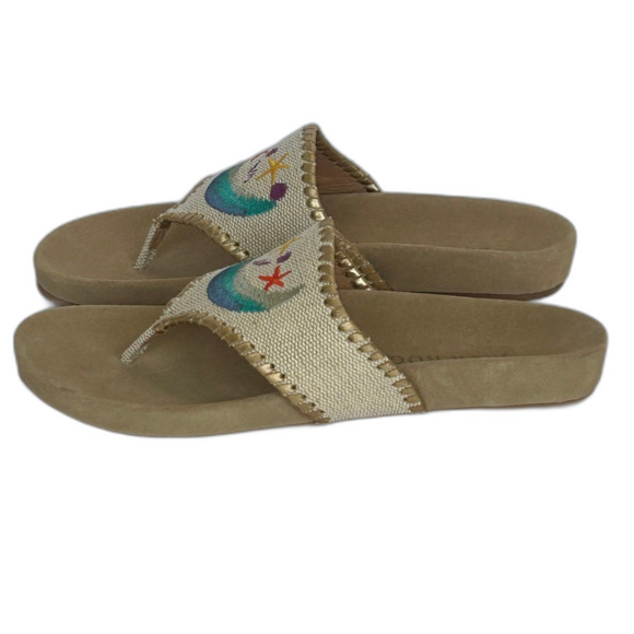 Jack Rogers Sandals Women’s Size 7.5 Color Tan Gold Embroidered Beach Scene - Picture 5 of 10